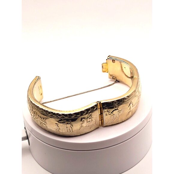 Vintage Hinged Chunky Gold Bracelet wChain 1940s Marked Japan Engraved Victorian - Picture 9 of 9